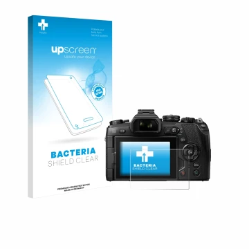 Vorderseite einer Produktverpackung mit dem Markenlogo upscreen. Daneben ist das Gerät Olympus OM-D E-M1 Mark II mit dem zugeh