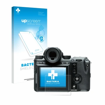 Vorderseite einer Produktverpackung mit dem Markenlogo upscreen. Daneben ist das Gerät Fujifilm GFX50S mit dem zugehörigen Dis