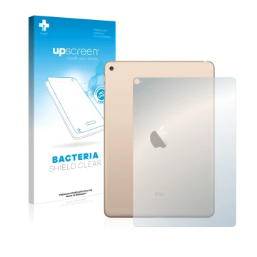 Vorderseite einer Produktverpackung mit dem Markenlogo upscreen. Daneben ist das Gerät Apple iPad Air 2 2014 (Rückseite) mit d