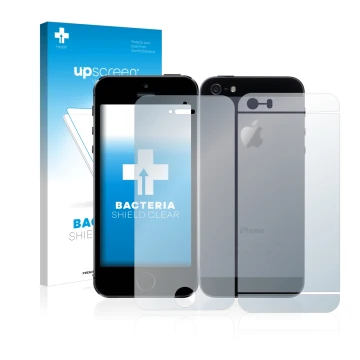 Vorderseite einer Produktverpackung mit dem Markenlogo upscreen. Daneben ist das Gerät Apple iPhone 5S (Display+Rückseite) mit