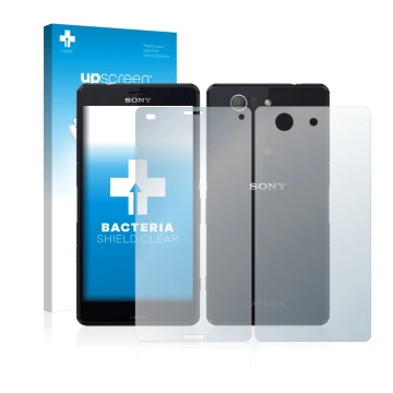 Vorderseite einer Produktverpackung mit dem Markenlogo upscreen. Daneben ist das Gerät Sony Xperia Z3 Compact D5803 (Display+R