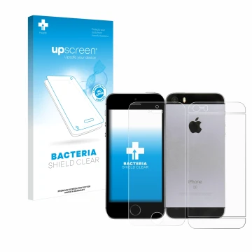 Vorderseite einer Produktverpackung mit dem Markenlogo upscreen. Daneben ist das Gerät Apple iPhone SE 2016 (Display+Rückseite
