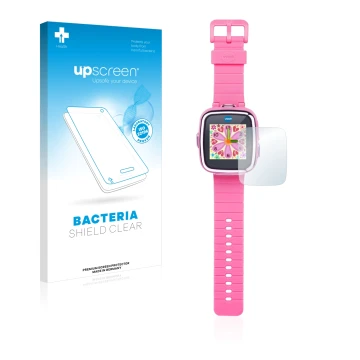 Vorderseite einer Produktverpackung mit dem Markenlogo upscreen. Daneben ist das Gerät Vtech Kidizoom Smart Watch DX mit dem z