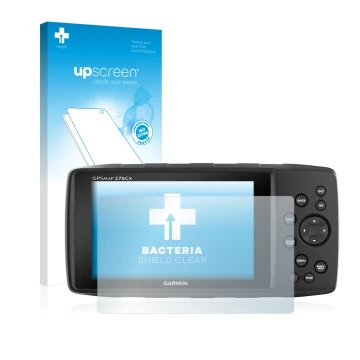 Vorderseite einer Produktverpackung mit dem Markenlogo upscreen. Daneben ist das Gerät Garmin 276Cx mit dem zugehörigen Displa