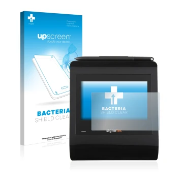Vorderseite einer Produktverpackung mit dem Markenlogo upscreen. Daneben ist das Gerät Signotec Signature Pad Gamma mit dem zu