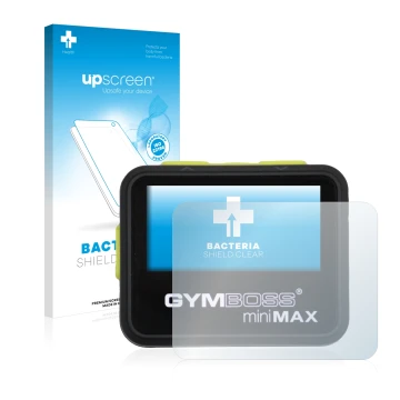 Vorderseite einer Produktverpackung mit dem Markenlogo upscreen. Daneben ist das Gerät Gymboss Minimax mit dem zugehörigen Dis