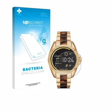 Vorderseite einer Produktverpackung mit dem Markenlogo upscreen. Daneben ist das Gerät Michael Kors Access Bradshaw mit dem zu