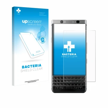 Vorderseite einer Produktverpackung mit dem Markenlogo upscreen. Daneben ist das Gerät BlackBerry Keyone mit dem zugehörigen D