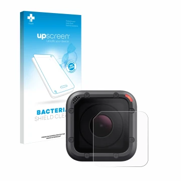 Vorderseite einer Produktverpackung mit dem Markenlogo upscreen. Daneben ist das Gerät GoPro Hero 5 Session Linse (Gehäuse) mi