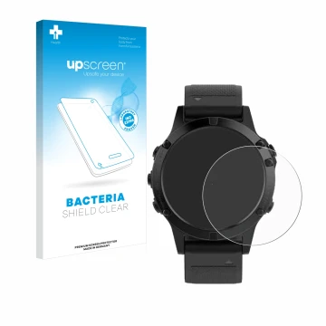 Vorderseite einer Produktverpackung mit dem Markenlogo upscreen. Daneben ist das Gerät Garmin Fenix 5 (47 mm) mit dem zugehöri