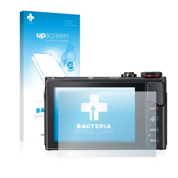 Vorderseite einer Produktverpackung mit dem Markenlogo upscreen. Daneben ist das Gerät Canon PowerShot G9 X Mark II mit dem zu