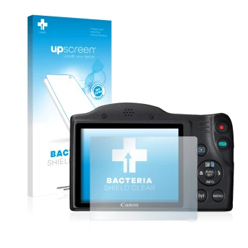 Vorderseite einer Produktverpackung mit dem Markenlogo upscreen. Daneben ist das Gerät Canon PowerShot SX430 IS mit dem zugehö