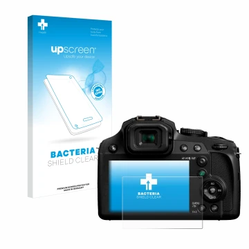 Vorderseite einer Produktverpackung mit dem Markenlogo upscreen. Daneben ist das Gerät Panasonic Lumix DC-FZ82 mit dem zugehör
