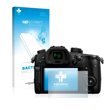 Vorderseite einer Produktverpackung mit dem Markenlogo upscreen. Daneben ist das Gerät Panasonic Lumix DC-GH5 mit dem zugehöri