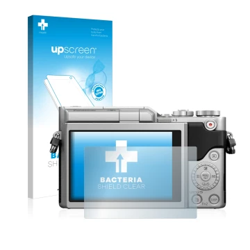 Vorderseite einer Produktverpackung mit dem Markenlogo upscreen. Daneben ist das Gerät Panasonic Lumix DC-GX800 mit dem zugehö