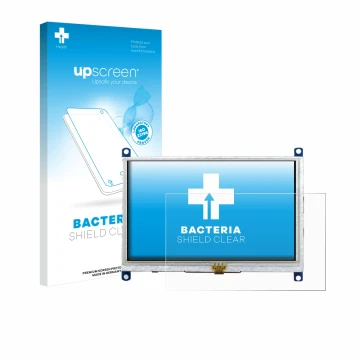 Vorderseite einer Produktverpackung mit dem Markenlogo upscreen. Daneben ist das Gerät Raspberry Pi Touchscreen 5