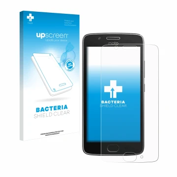 Vorderseite einer Produktverpackung mit dem Markenlogo upscreen. Daneben ist das Gerät Motorola Moto G5 mit dem zugehörigen Di