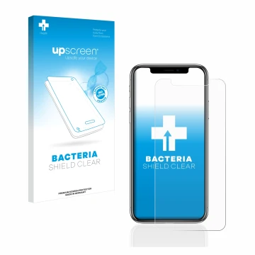 Vorderseite einer Produktverpackung mit dem Markenlogo upscreen. Daneben ist das Gerät Apple iPhone X mit dem zugehörigen Disp