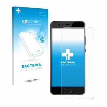 Vorderseite einer Produktverpackung mit dem Markenlogo upscreen. Daneben ist das Gerät Huawei P10 Plus mit dem zugehörigen Dis