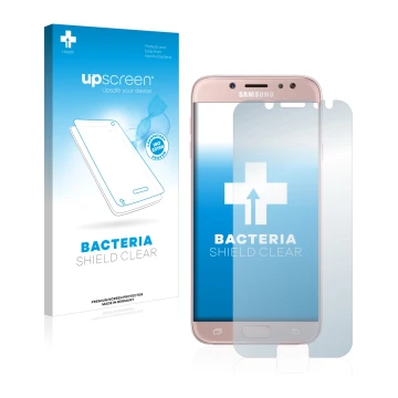 Vorderseite einer Produktverpackung mit dem Markenlogo upscreen. Daneben ist das Gerät Samsung Galaxy J7 2017 mit dem zugehöri