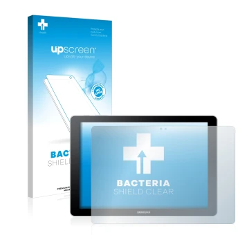 Vorderseite einer Produktverpackung mit dem Markenlogo upscreen. Daneben ist das Gerät Samsung Galaxy Book 10.6 mit dem zugehö