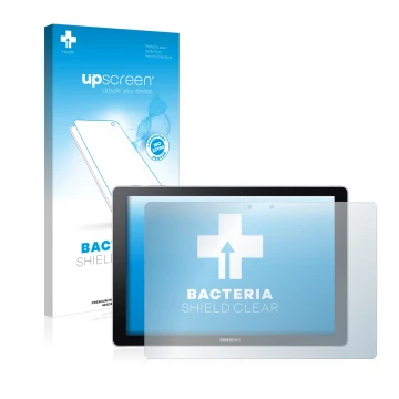 Vorderseite einer Produktverpackung mit dem Markenlogo upscreen. Daneben ist das Gerät Samsung Galaxy Book 12 mit dem zugehöri