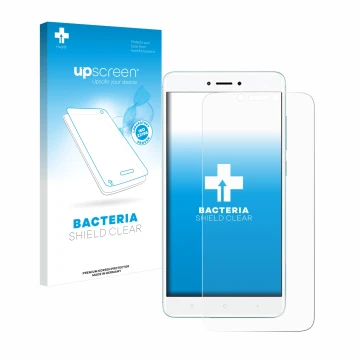 Vorderseite einer Produktverpackung mit dem Markenlogo upscreen. Daneben ist das Gerät Xiaomi Redmi 4X mit dem zugehörigen Dis