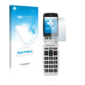 Vorderseite einer Produktverpackung mit dem Markenlogo upscreen. Daneben ist das Gerät Doro Primo 413 mit dem zugehörigen Disp