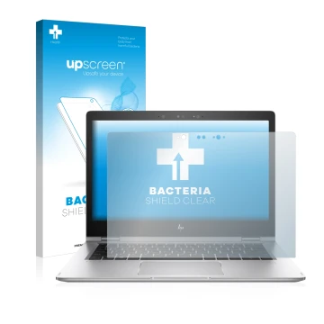 Vorderseite einer Produktverpackung mit dem Markenlogo upscreen. Daneben ist das Gerät HP EliteBook x360 1030 G2 mit dem zugeh