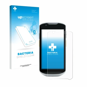 Vorderseite einer Produktverpackung mit dem Markenlogo upscreen. Daneben ist das Gerät Zebra TC56 mit dem zugehörigen Displays