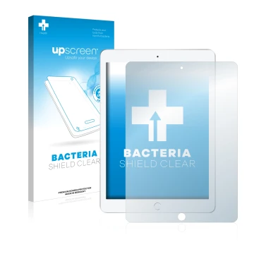 Vorderseite einer Produktverpackung mit dem Markenlogo upscreen. Daneben ist das Gerät Apple iPad 9.7 2017 (5. Gen.) mit dem z
