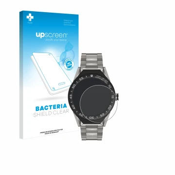 Vorderseite einer Produktverpackung mit dem Markenlogo upscreen. Daneben ist das Gerät TAG Heuer Connected Modular 45 mit dem 