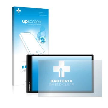Vorderseite einer Produktverpackung mit dem Markenlogo upscreen. Daneben ist das Gerät Garmin Camper 770 LMT-D mit dem zugehör
