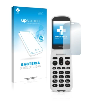 Vorderseite einer Produktverpackung mit dem Markenlogo upscreen. Daneben ist das Gerät Doro 6050 mit dem zugehörigen Displaysc