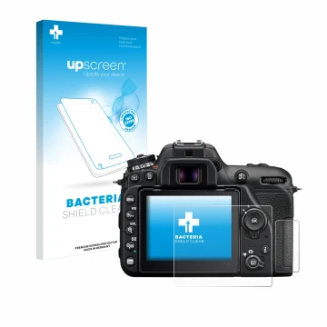 Vorderseite einer Produktverpackung mit dem Markenlogo upscreen. Daneben ist das Gerät Nikon D7500 mit dem zugehörigen Display