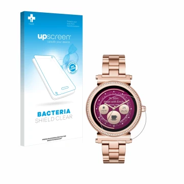 Vorderseite einer Produktverpackung mit dem Markenlogo upscreen. Daneben ist das Gerät Michael Kors Access Sofie mit dem zugeh