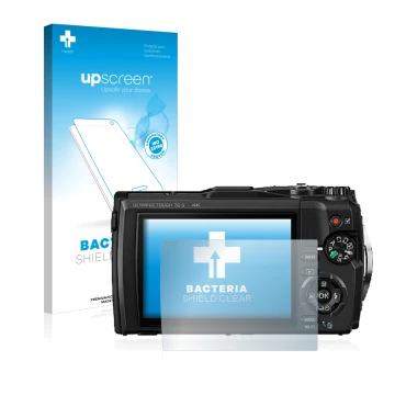 Vorderseite einer Produktverpackung mit dem Markenlogo upscreen. Daneben ist das Gerät Olympus Tough TG-5 mit dem zugehörigen 