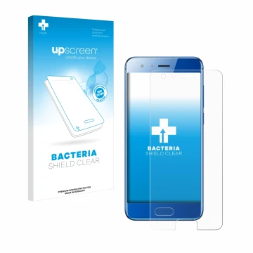 Vorderseite einer Produktverpackung mit dem Markenlogo upscreen. Daneben ist das Gerät Honor 9 mit dem zugehörigen Displayschu