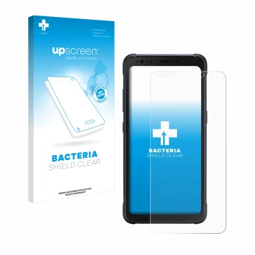 Vorderseite einer Produktverpackung mit dem Markenlogo upscreen. Daneben ist das Gerät Samsung Galaxy S8 Active mit dem zugehö
