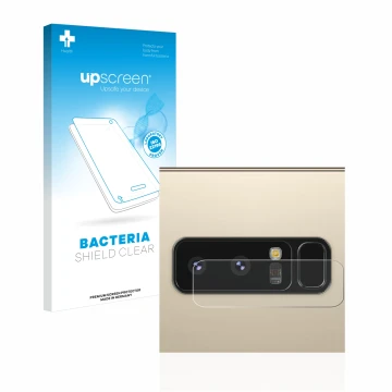 Vorderseite einer Produktverpackung mit dem Markenlogo upscreen. Daneben ist das Gerät Samsung Galaxy Note 8 (NUR Kameraschutz