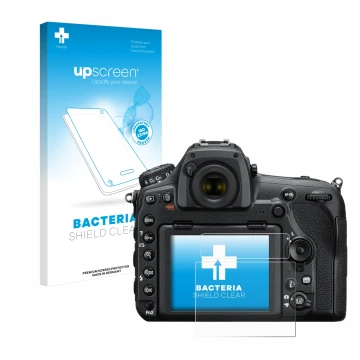Vorderseite einer Produktverpackung mit dem Markenlogo upscreen. Daneben ist das Gerät Nikon D850 mit dem zugehörigen Displays