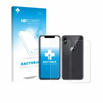 Vorderseite einer Produktverpackung mit dem Markenlogo upscreen. Daneben ist das Gerät Apple iPhone X (Display+Rückseite) mit 