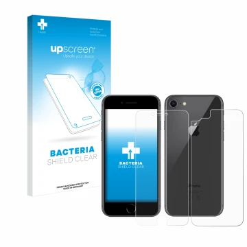 Vorderseite einer Produktverpackung mit dem Markenlogo upscreen. Daneben ist das Gerät Apple iPhone 8 (Display+Rückseite) mit 