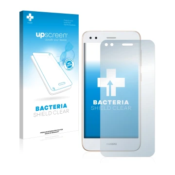 Vorderseite einer Produktverpackung mit dem Markenlogo upscreen. Daneben ist das Gerät Huawei P9 Lite Mini mit dem zugehörigen