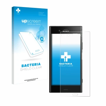 Vorderseite einer Produktverpackung mit dem Markenlogo upscreen. Daneben ist das Gerät Sony Xperia XZ1 mit dem zugehörigen Dis