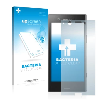 Vorderseite einer Produktverpackung mit dem Markenlogo upscreen. Daneben ist das Gerät Sony Xperia XZ1 Compact mit dem zugehör