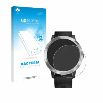 Vorderseite einer Produktverpackung mit dem Markenlogo upscreen. Daneben ist das Gerät Garmin vivoactive 3 mit dem zugehörigen