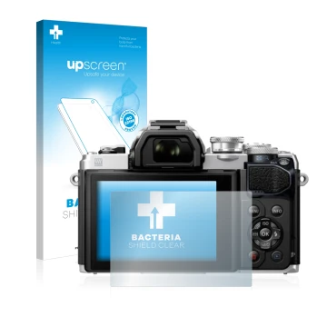 Vorderseite einer Produktverpackung mit dem Markenlogo upscreen. Daneben ist das Gerät Olympus OM-D E-M10 Mark III mit dem zug