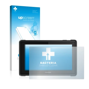 Vorderseite einer Produktverpackung mit dem Markenlogo upscreen. Daneben ist das Gerät TomTom Pro 8275 Truck mit dem zugehörig