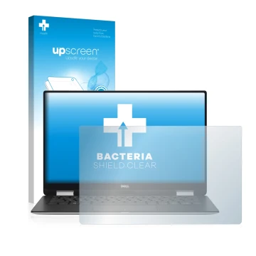 Vorderseite einer Produktverpackung mit dem Markenlogo upscreen. Daneben ist das Gerät Dell XPS 13 9365 2-in-1 mit dem zugehör
